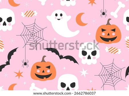 Halloween seamless pattern. Holiday design with pumpkin jack-o-lantern and web, bat and sweets, skull. Halloween background