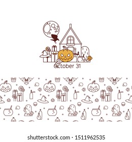 Halloween seamless pattern and holiday icon. Background with festive pumpkin, old house, crow, bat, drink potion, gift and candy, cauldron and moon on a white background. Set of linear simple symbols.