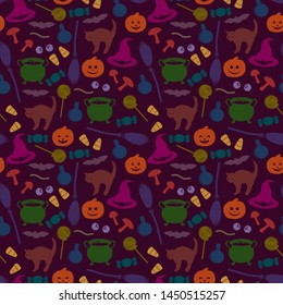 Halloween seamless pattern. Holiday related objects silhouettes. Witches accessory set. Trick or treat wallpaper. Kids background. Funny scrapbook digital paper, textile print, page fill. Vector art