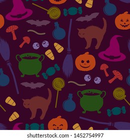 Halloween seamless pattern. Holiday related objects silhouettes. Witches accessory set. Trick or treat wallpaper. Kids background. Funny scrapbook digital paper, textile print, page fill. Vector art