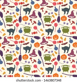 Halloween seamless pattern. Holiday related objects silhouettes. Witches accessory set. Trick or treat wallpaper. Kids background. Funny scrapbook digital paper, textile print, page fill. Vector art