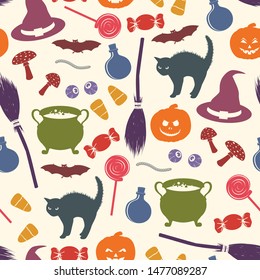 Halloween seamless pattern. Holiday related objects silhouettes. Witches accessory set. Trick or treat wallpaper. Kids background. Funny scrapbook digital paper, textile print, page fill. Vector art