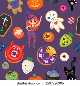 Halloween seamless pattern with holiday simbols withch, pumpkin, witch, zombie, coffin, voodoo doll, vampire, ghost. Vector illustration, elements, sweets, characters, texture, wallpaper, background