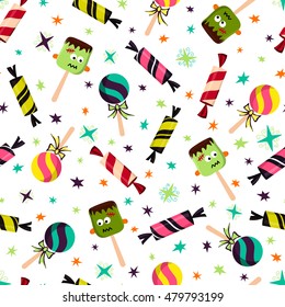 Halloween seamless pattern with holiday sweets, such as candy, lollipop, zombie. Vector illustration