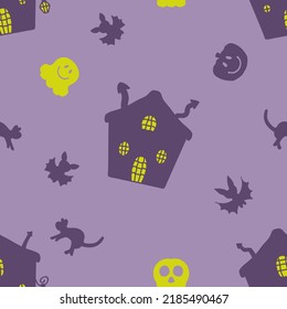 Halloween seamless pattern with houses, ghosts, cats and bats. Haunted print for tee, paper, textile and fabric. Doodle vector illustration for decor and design.



