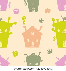 Halloween seamless pattern with houses, pumpkins, cats and bats. Spooky print for T-shirt, paper, textile and fabric. Doodle vector illustration for decor and design.


