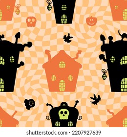 Halloween seamless pattern with houses, pumpkins, ghosts and skeletons on a checkered background. Groovy print for T-shirt, paper, textile and fabric. Retro vector illustration for decor and design.