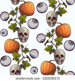 Halloween Seamless Pattern. Human fingers and eyeballs arranged in a cute wreath. Chaotic distribution of elements. Isolated on white background. EPS10 vector illustration