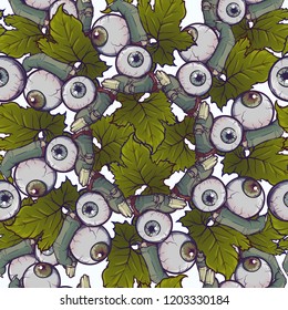 Halloween Seamless Pattern. Human fingers and eyeballs arranged in a cute wreath. Chaotic distribution of elements. Isolated on white background. EPS10 vector illustration