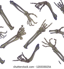 Halloween Seamless Pattern. Human hand bones in various gestures. Chaotic distribution of elements. Isolated on white background. EPS10 vector illustration