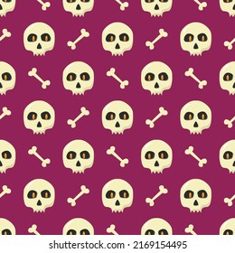 Halloween seamless pattern with human skull and bones on purple background. Print for wrapping paper, fabric, web design. Vector flat design illustration