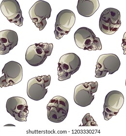 Halloween Seamless Pattern. Human skulls in various view angles. Isolated on white background. Chaotic distribution of elements. EPS10 vector illustration