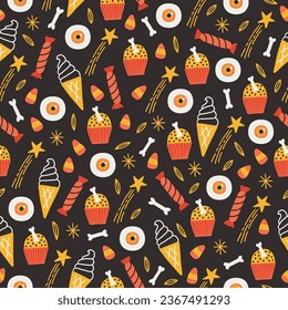 Halloween seamless pattern with ice cream, cupcake, eye, bones, candy, stars on black background. Perfect for wallpaper, gift paper, seasonal greeting cards. Vector illustration