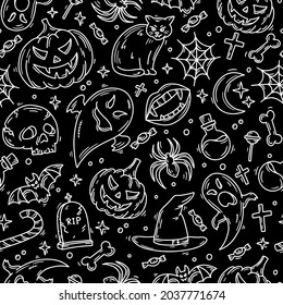 Halloween seamless pattern with icons in doodle sketch style. Ghosts, pumpkins and sweets. Linear magic and horror elements for printing and design for children on a black background.