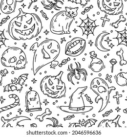 Halloween seamless pattern with icons in doodle sketch style. Ghosts, pumpkins and sweets. Linear magic and horror elements for printing and design for children on a white background.