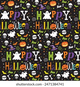 Halloween seamless pattern with Halloween icons and lettering