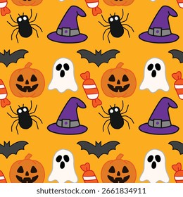 Halloween seamless pattern illustration as a background or backdrop or wallpaper in the celebration. Also, It's great for printing stuffs such as wrapping paper, fabric