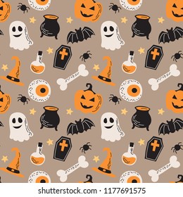 Halloween seamless pattern, illustration with pumpkins, eyes, ghost, bones, bats. Vector illustration in flat style
