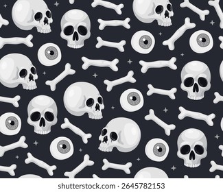 Halloween seamless pattern. Halloween illustration, skulls, bones and eyes on a black background. Design for wrapping paper, print.