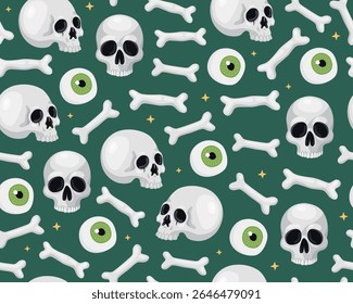 Halloween seamless pattern. Halloween illustration, skulls, bones and eyes on a dark green background. Design for wrapping paper, print.	