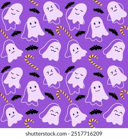 halloween seamless pattern with illustrations of ghosts, candy canes and bats for background, printing, decoration