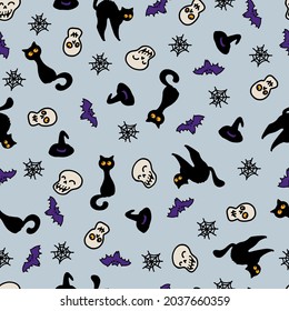 
Halloween seamless pattern. Image of cute cats, shards and cobwebs. Vector illustration.