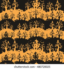 Halloween seamless pattern  with the image of a fairytale castle and old trees