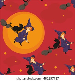 Halloween seamless pattern  with the image of the little witch