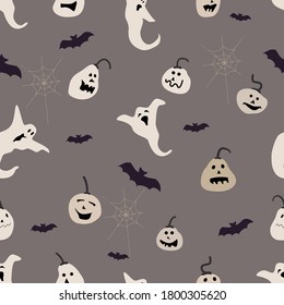 Halloween seamless pattern isolated on white background. Pumpkins, bats,  ghosts.