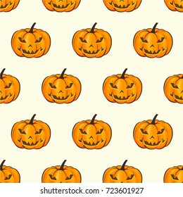 Halloween Seamless Pattern Isolated Wrap Wallpaper With Terrible Pumpkins In A Cartoon Style. Vector illustration of Halloween theme for your projects