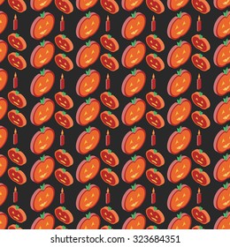 Halloween seamless pattern of isometric smiled pumpkins and candles. Texture of red and orange halloween pumkins and isometric candles. 3D holiday background for web, printing, decor 