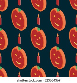 Halloween seamless pattern of isometric smiled pumpkins and candles. Texture of  halloween pumkins and isometric candles. 3D holiday background for web, printing, decor 
