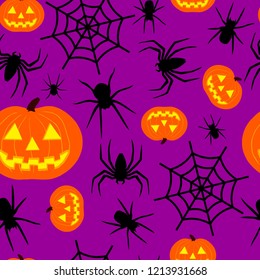 Halloween Seamless Pattern Jack o lantern spider cobweb
