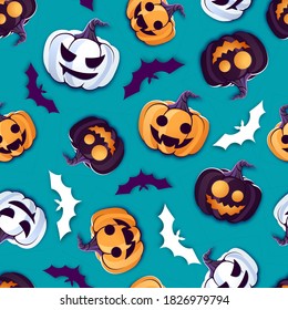 Patrón ininterrumpido de Halloween con jack o linterna y murciélago. Ilustración del vector