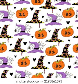 Halloween seamless pattern with Jack o lanterns, witch hats and spiders on white background. Hand drawn vector illustration in doodle style 