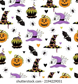 Halloween seamless pattern with Jack o lanterns, witch hats, cauldrons, bats and spiders on white background. Hand drawn vector illustration in doodle style 