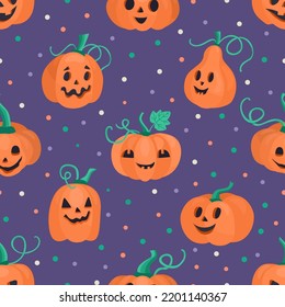 Halloween seamless pattern with Jack o lanterns pumpkins on purple background. Hand drawn flat illustration. 