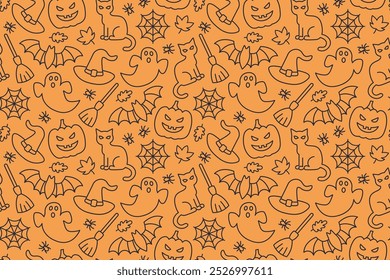 Halloween seamless pattern with Jack o lantern, cat, ghost, spiderweb, spider, broom, witch hat, bat and autumn leaves- vector illustration
