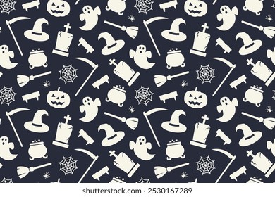 Halloween seamless pattern with Jack o lantern, ghost, spiderweb, spider, grave, broom, witch hat, cauldron and vampire fangs- vector illustration
