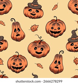 Patrón sin fisuras de Halloween. Cara linda de las calabazas de la linterna de Jack en fondo claro.