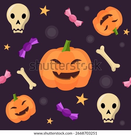 Halloween seamless pattern with jack o lantern pumpkins, skulls, bones, candies and stars. For party invitations, wrapping paper, kids crafts, scrapbooking, seasonal decor.