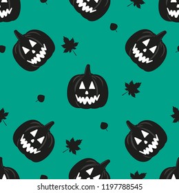 Halloween seamless pattern with Jack-o'-lantern Vector illustration Pattern with halloween symbol: jack-pumpkin head and silhouette of maple leaves on turquoise background