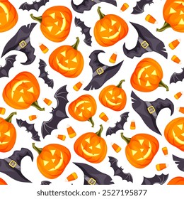 Halloween seamless pattern with jack-o-lanterns, bats, witches hats, and candy corn on white. Vector season print. Hand-drawn illustration, not AI