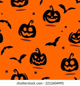 Patrón sin fisuras de Halloween con calabazas jack-o-lanterns (calabazas de Halloween), murciélagos y estrellas. Ilustración en negro y naranja del vector