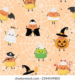 Halloween Seamless Pattern with Kawaii Cute Candycorns. Holidays cartoon character. -Vector illustration