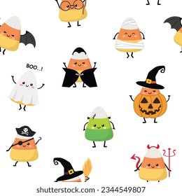 Halloween Seamless Pattern with Kawaii Cute Candycorns. Holidays cartoon character. -Vector illustration