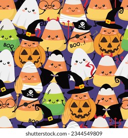 Halloween Seamless Pattern with Kawaii Cute Candycorns. Holidays cartoon character. -Vector illustration