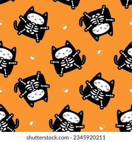 Halloween Seamless Pattern with Kawaii Cute Skeleton Cat. Hand drawn cute Cat Skull bone skeleton doodle characters Animals Background. Vector Illustration