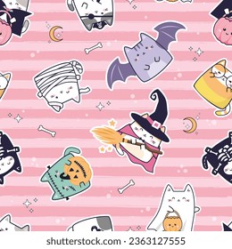 Halloween Seamless pattern with kawaii cute cat on the stripe pink Background. Cartoon Animals Character, Vector Illustration. Design for baby clothing, cards, paper goods, fabric, textile and more