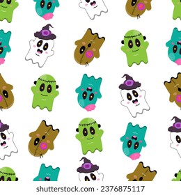 Halloween-nahtloses Muster von kawaii-Geistern in flachem Stil auf weißem Hintergrund. Cute Monster mystische Zeichnung Konzept Zombie, gruselige Puppe, ehrlich gesagt, Hexengeister. Flache Vektorgrafik im handgezeichneten Stil.